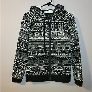 American Eagle Outfitter Sherpa Fleece Full Zip Hoodie Sweater Black/White Cream